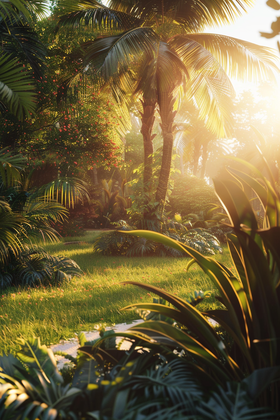 Sunlight piercing through palm trees and tropical foliage, casting a warm glow over a lush garden path.