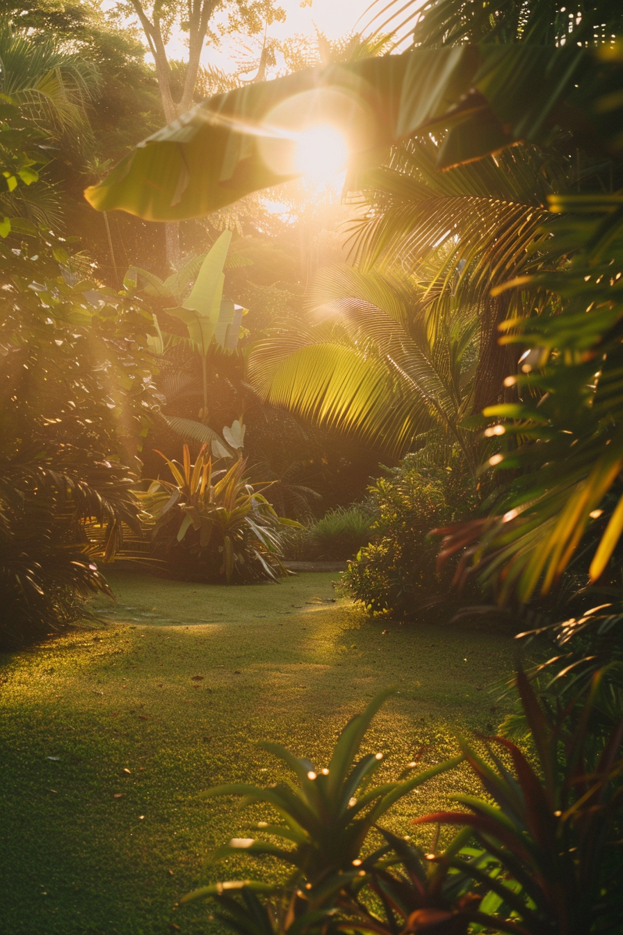 Sunlight piercing through lush tropical foliage, casting a warm glow over a serene garden path.