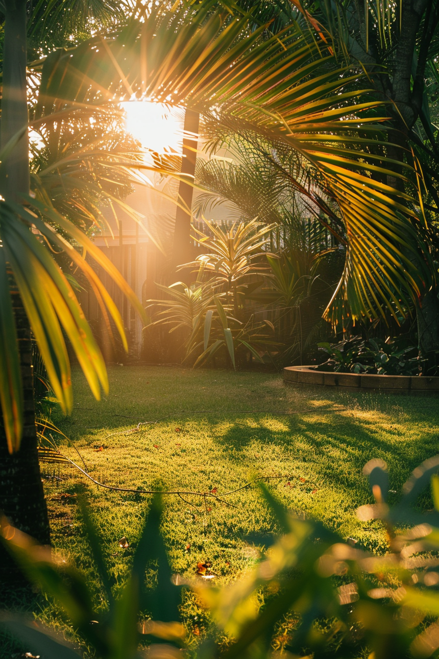 Sunlight peers through palm leaves onto a lush green garden at sunset, casting a warm glow and long shadows.