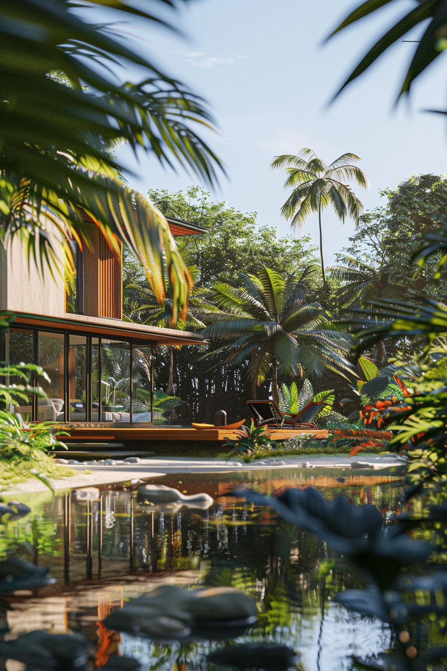 ALT text: Modern glass-walled house surrounded by lush tropical greenery and a serene pond, with sunlit palm trees and vibrant plants.