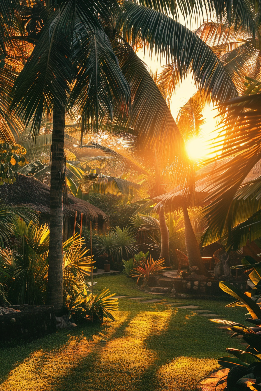 Sunset illuminating a tropical garden with palm trees, thatched structures, and a lush green lawn casting long shadows.
