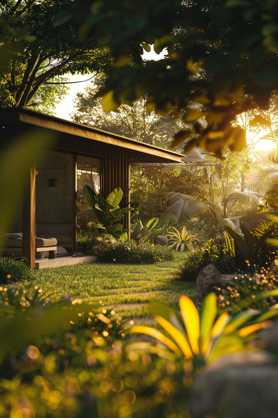 ALT: A modern house with large windows nestled amidst a lush garden basking in the warm glow of a sunset.