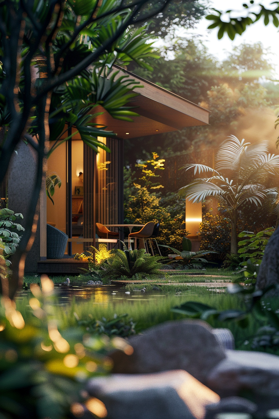 A serene garden with lush foliage surrounding a modern house with warm interior lighting at dusk.