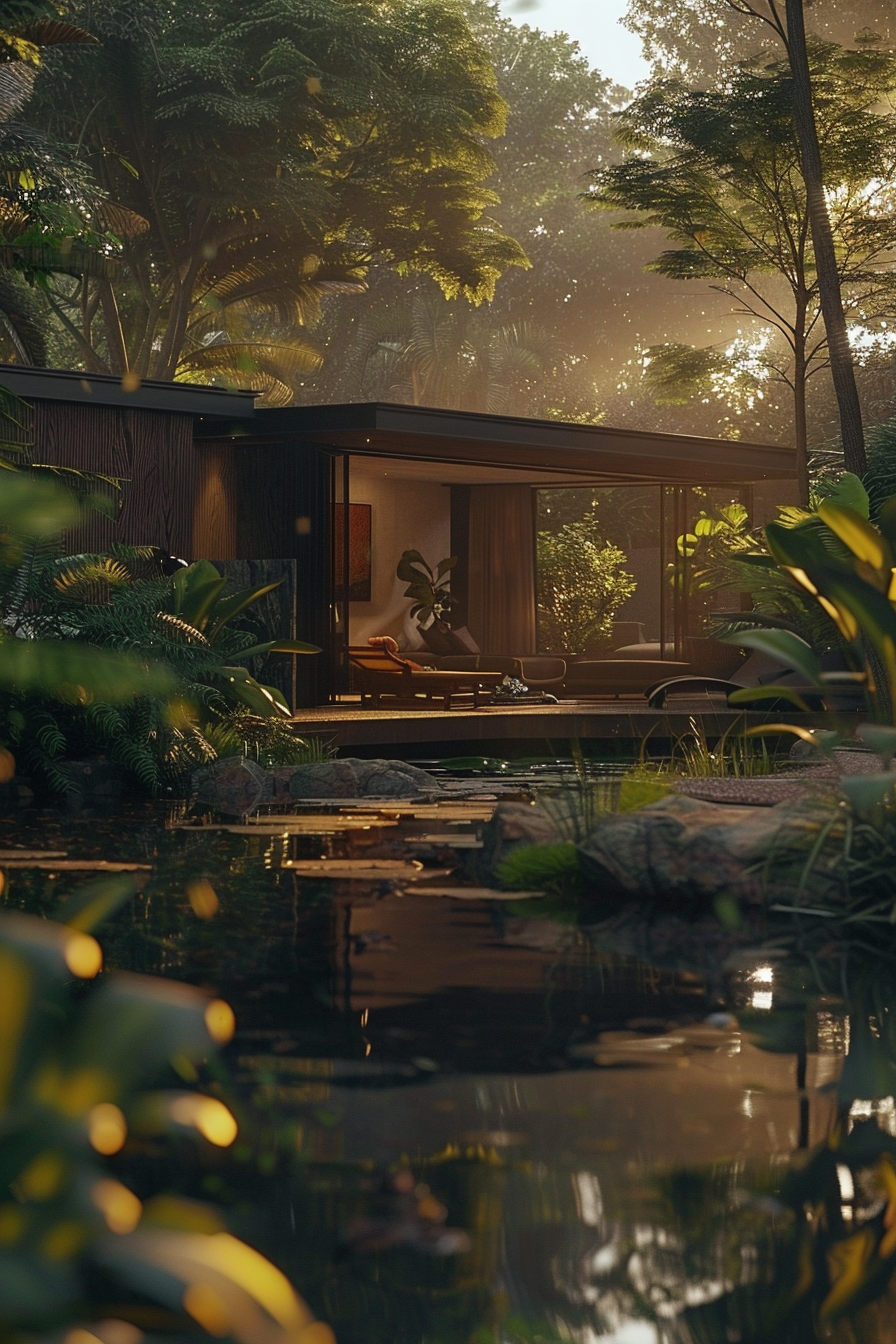 A tranquil forest cabin with large windows overlooks a serene pond surrounded by lush greenery at sunset.