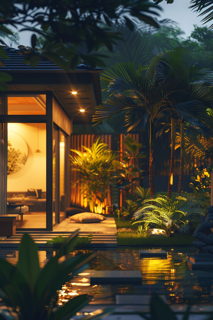 ALT: A serene tropical evening scene with a modern house, warmly lit interiors, stepping stones over water, and lush palm trees flanking a path.