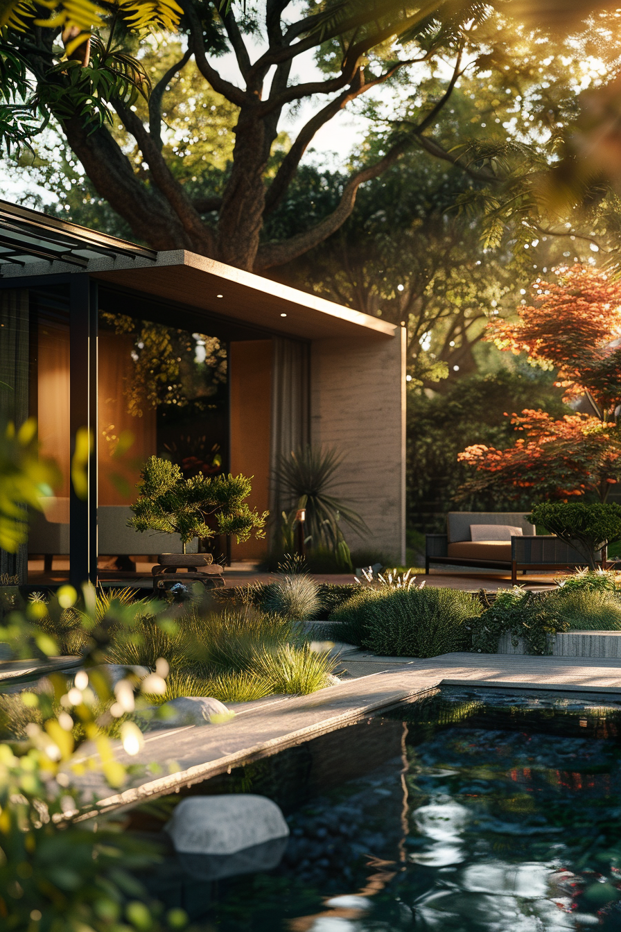 A tranquil backyard scene with a modern pavilion surrounded by lush greenery and a reflective pond at sunset.