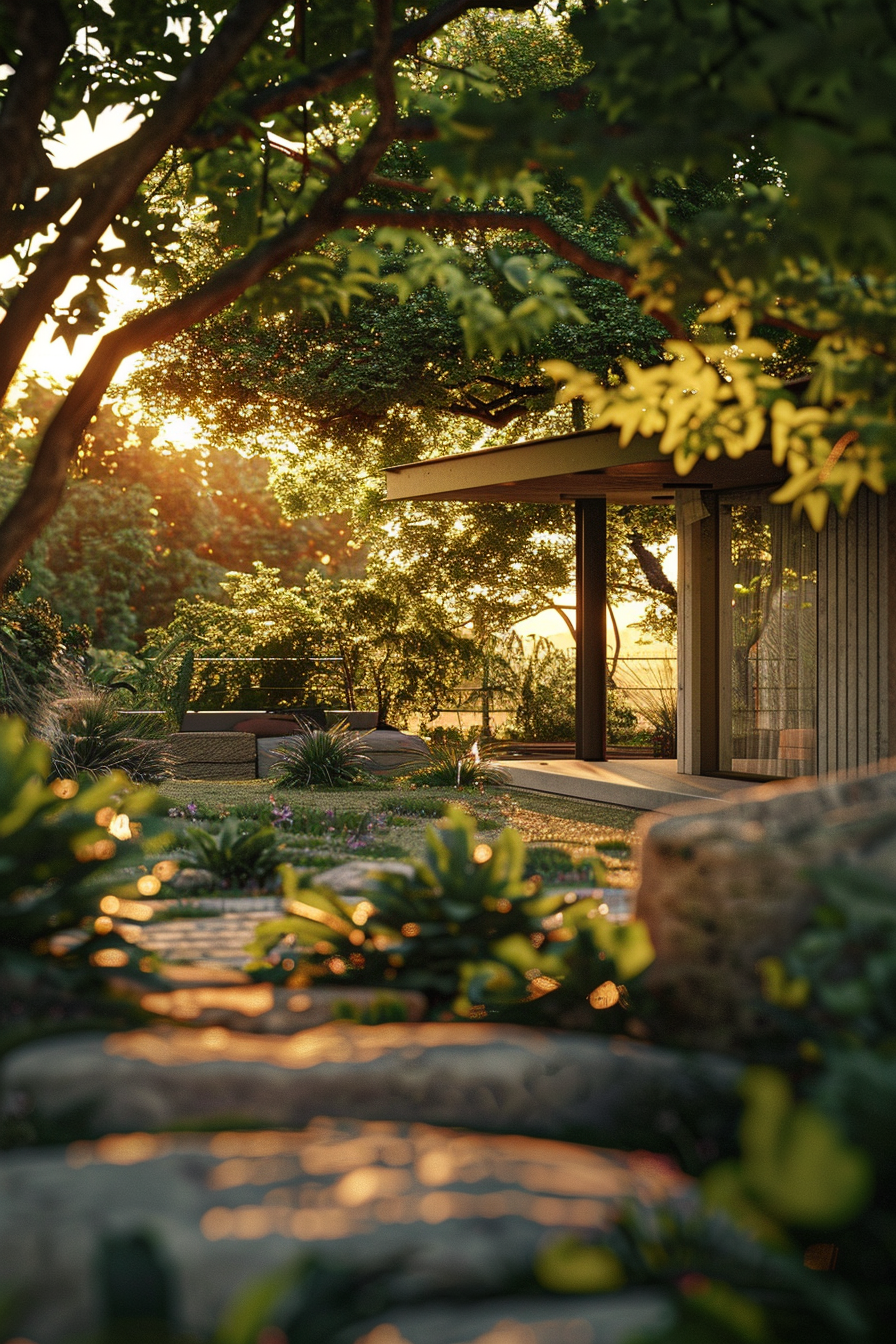 Sunset view through trees over a cozy modern garden pavilion with bench and vibrant greenery along a stone path.