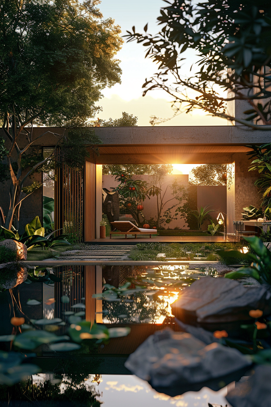 Sunset view of a tranquil modern garden with a reflective pond, surrounded by lush greenery and a stylish outdoor seating area.