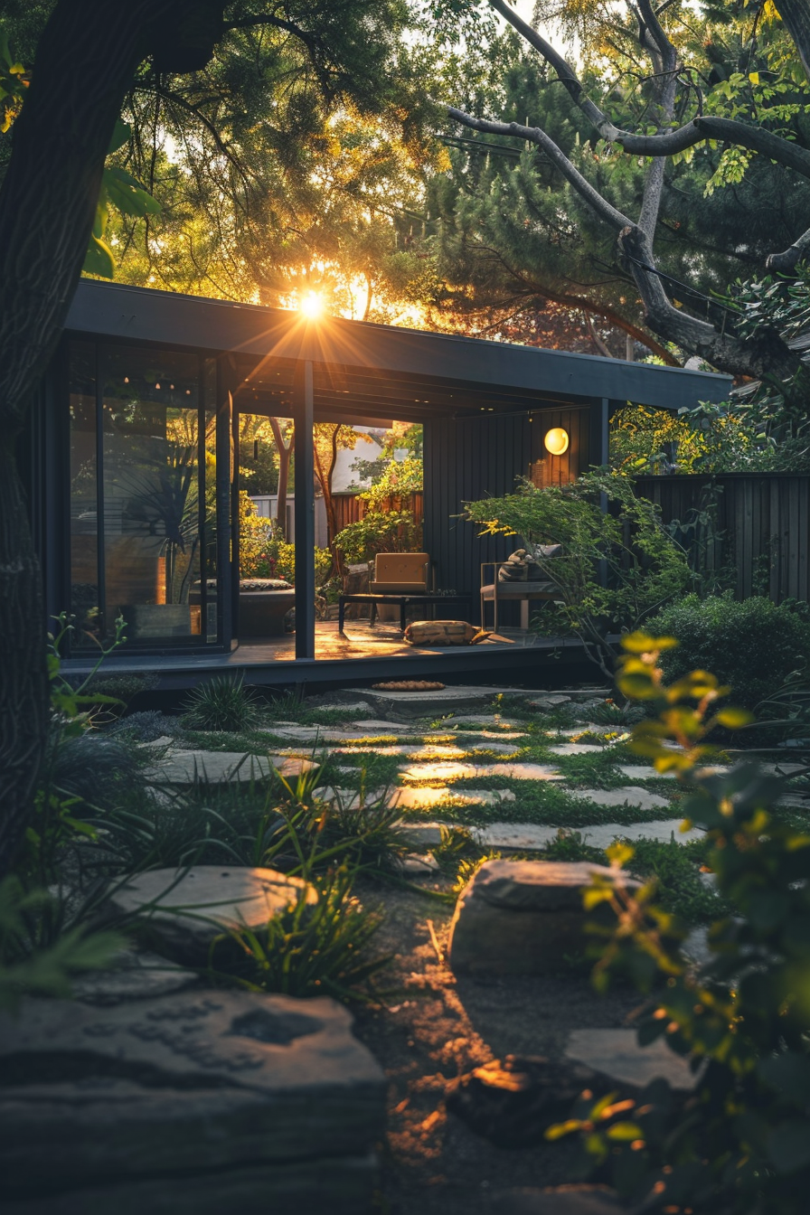 Sunset light filters through trees onto a path leading to a modern house surrounded by a lush garden.