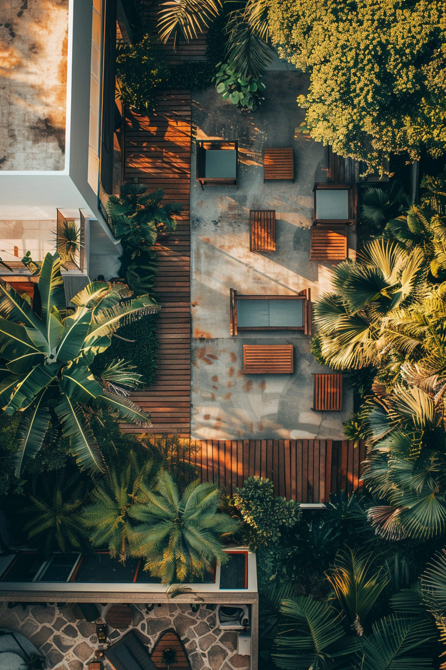 Aerial view of a modern building surrounded by lush greenery with a mix of sunlit and shaded wooden patios.