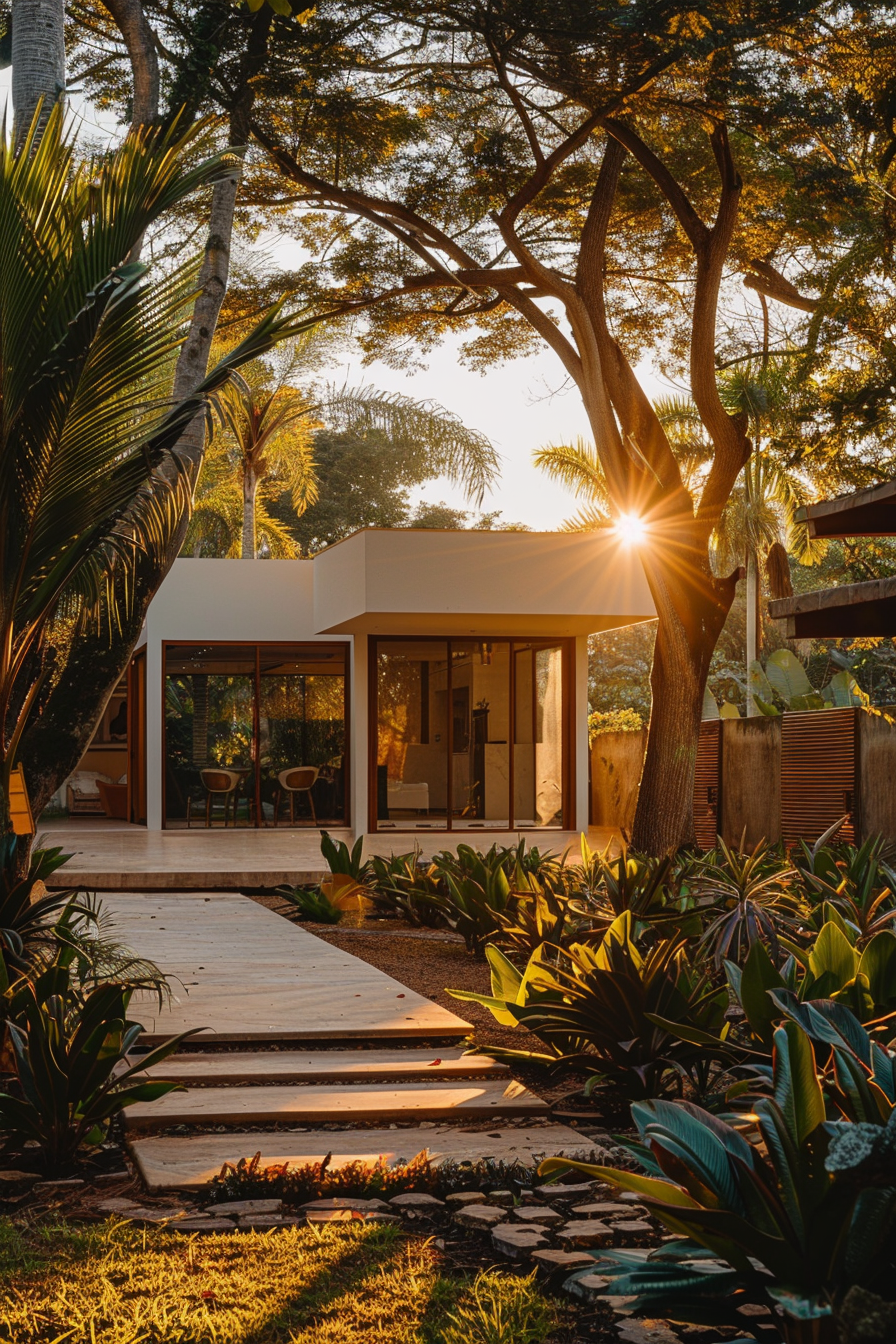 A serene garden with tropical plants leading to a modern house, with the sun peeking through the trees at golden hour.