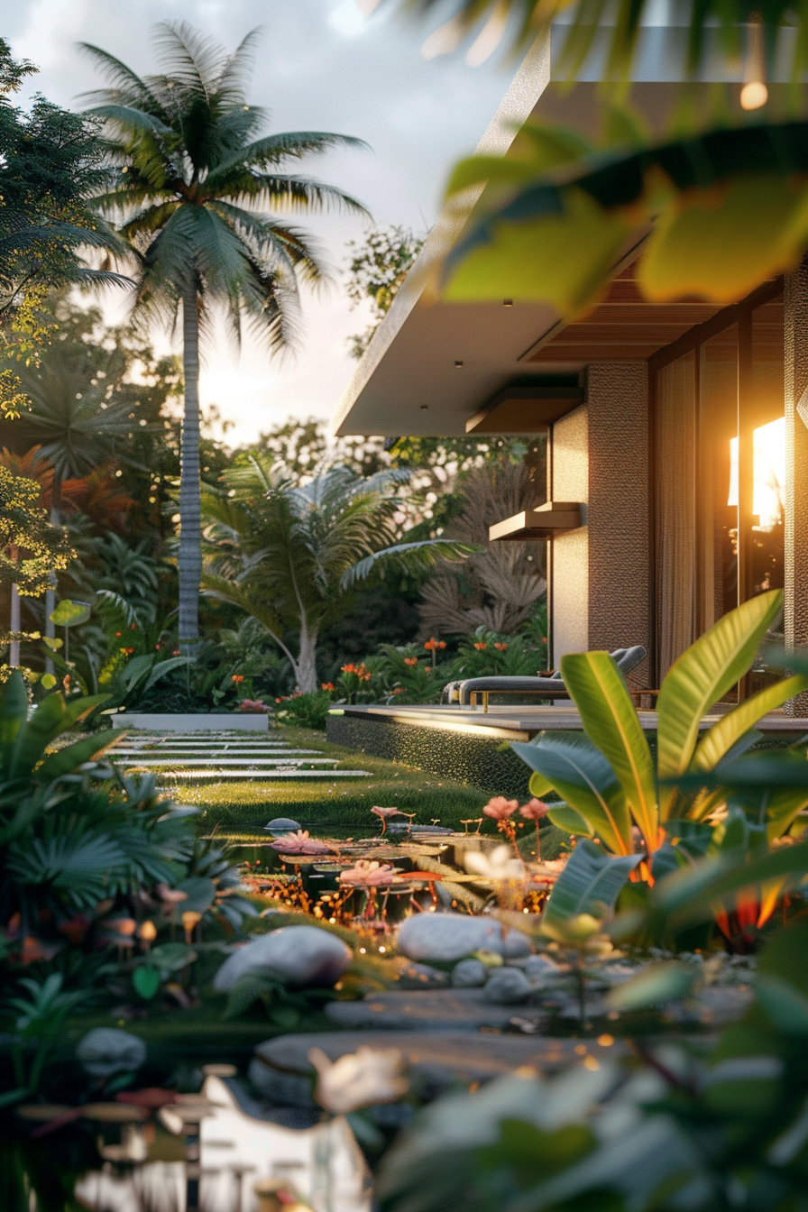Beautiful tropical garden at sunset with palm trees, water features, and modern house architecture.