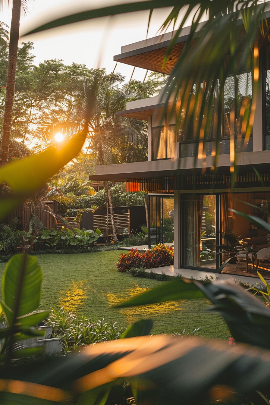 ALT: A modern villa with large windows nestled among tropical greenery, bathed in the warm glow of a setting sun peeking through palm leaves.