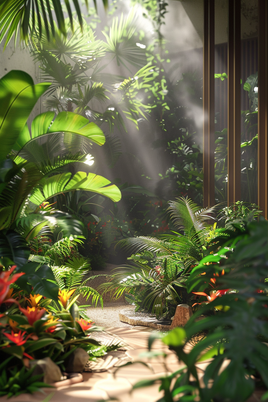 Lush tropical garden with sun rays filtering through foliage, highlighting the vibrant greenery and colorful flowers.