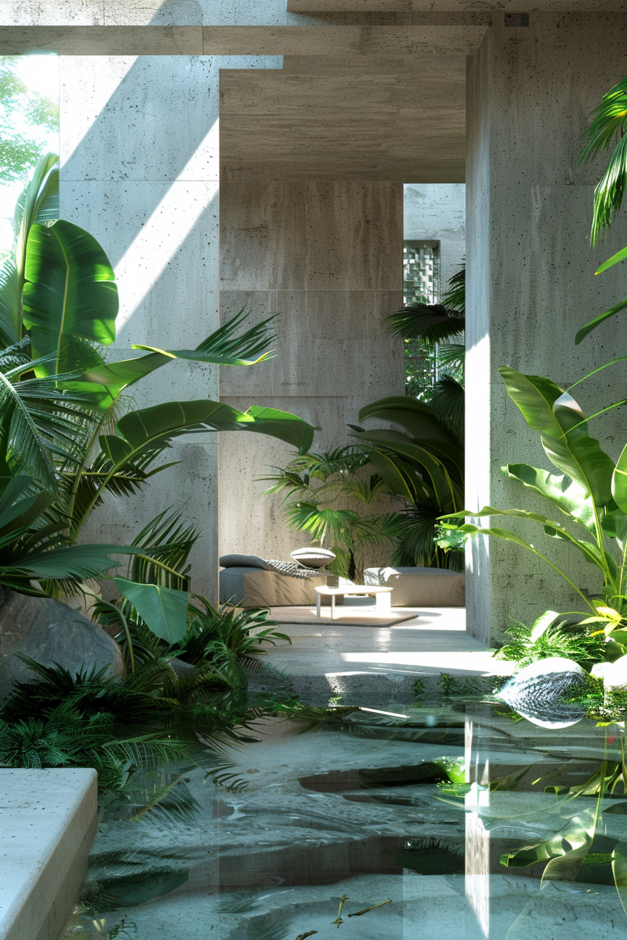 A serene indoor garden with lush greenery, stepping stones, and a reflective water feature bathed in natural sunlight.