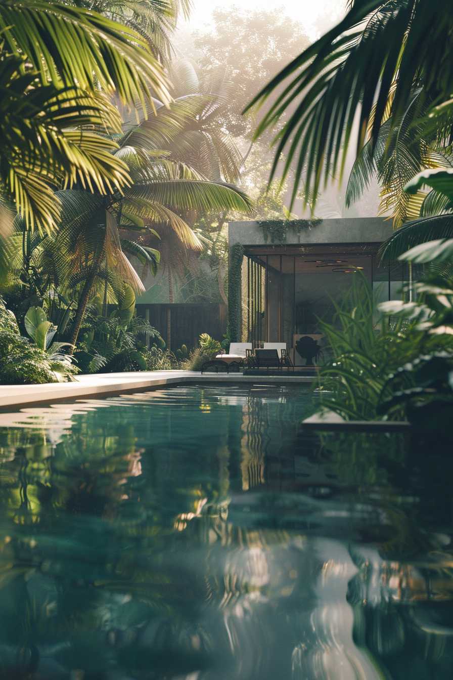 Tropical paradise scene with a serene swimming pool surrounded by lush greenery and a modern villa partially visible in the background.