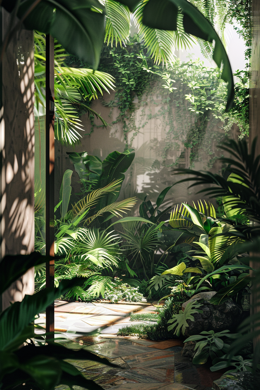 Sunlight filters through lush green foliage in a tranquil indoor garden with a tiled pathway.