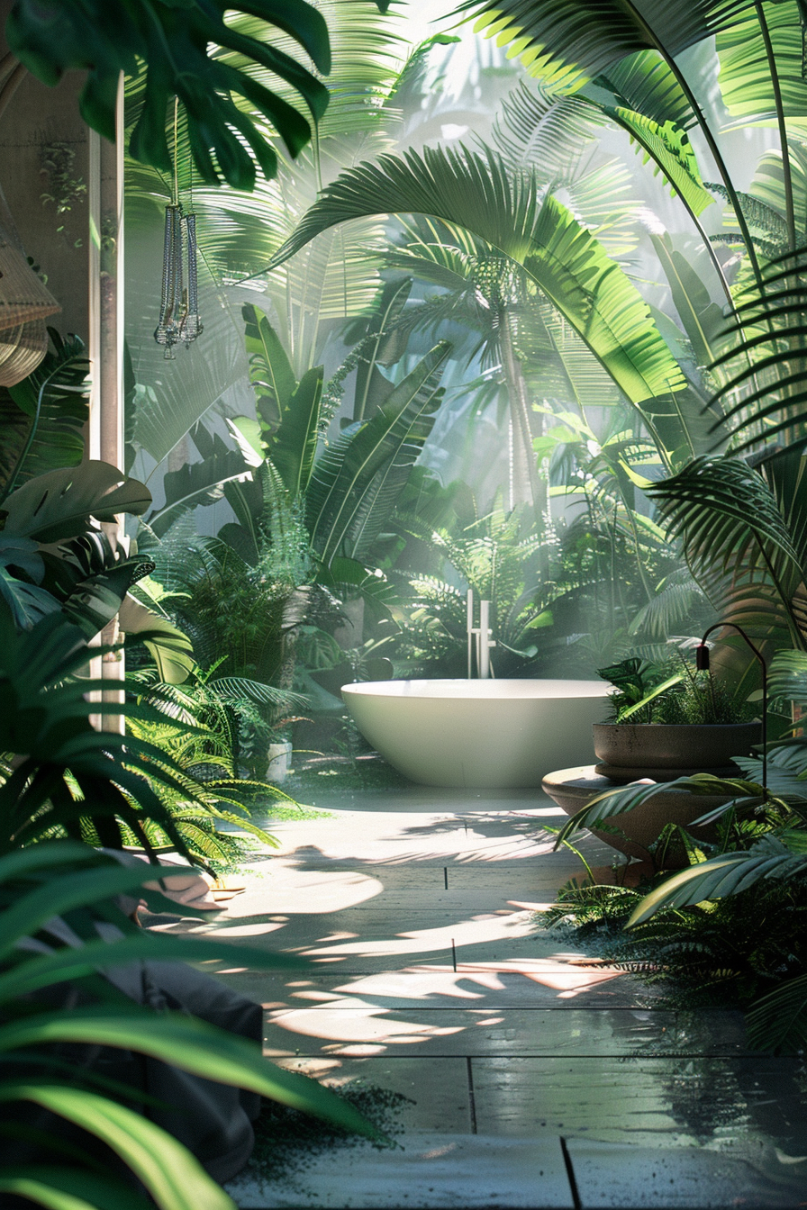 ALT text: Lush indoor garden with a freestanding bathtub surrounded by tropical plants, casting soft shadows in a serene, sunlit environment.
