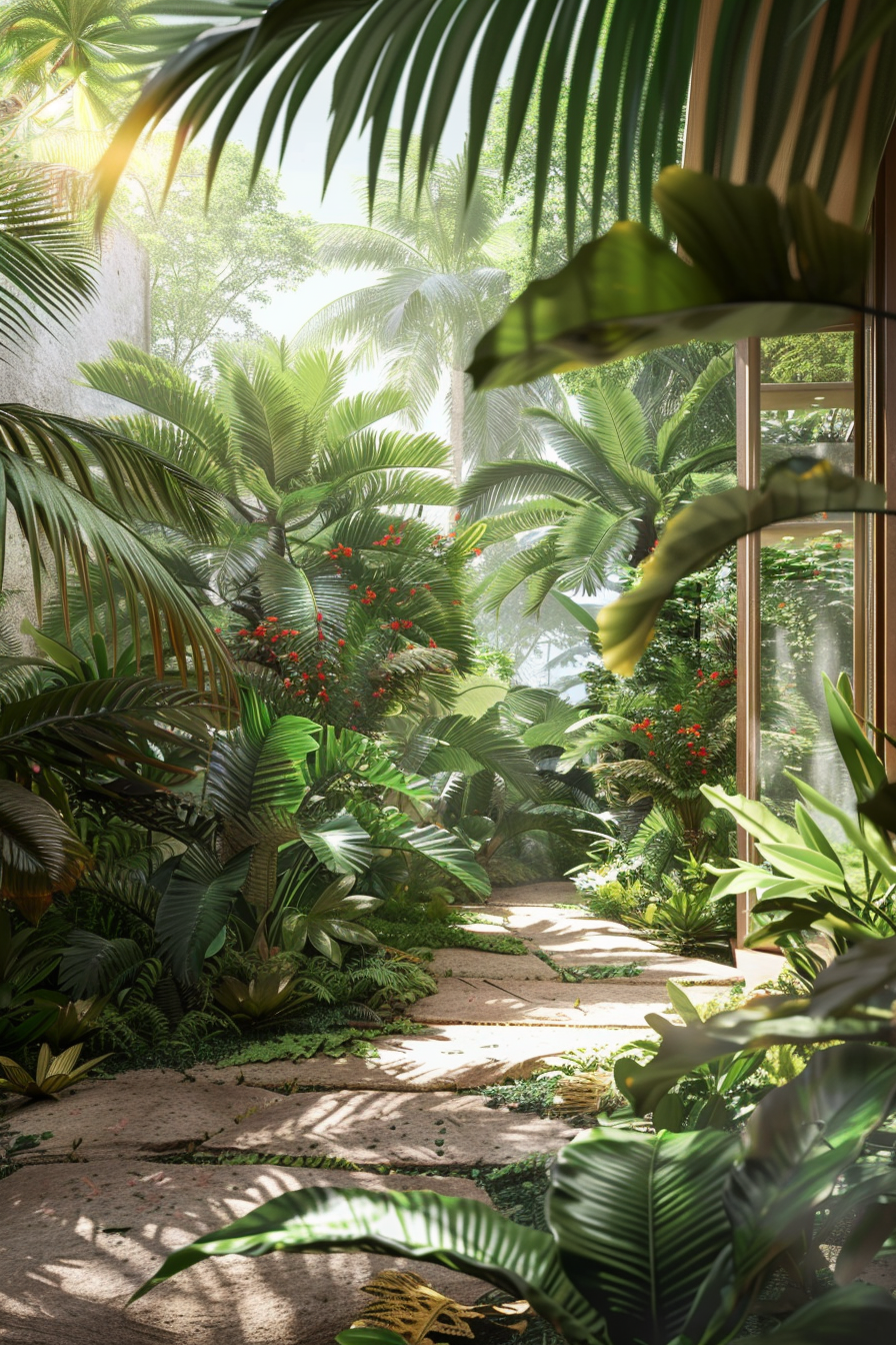 Sunlight filtering through lush green foliage in a serene greenhouse with a path framed by tropical plants.