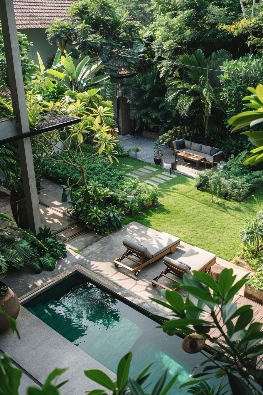 A lush green garden with a small pool, sun loungers, and outdoor seating area surrounded by tropical plants.