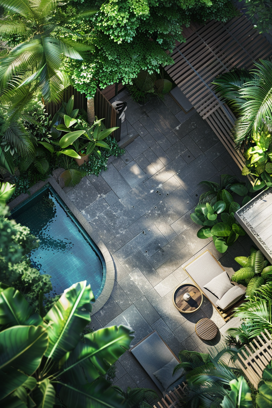 ALT text: Aerial view of a cozy garden patio with a pool, surrounded by lush green tropical plants and comfortable lounge furniture.