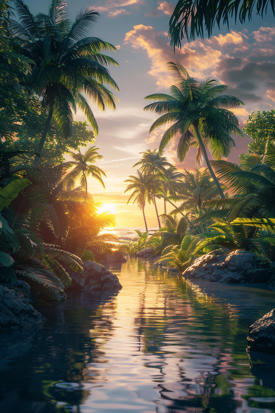Sunset over a serene tropical lagoon surrounded by palm trees, with golden sunlight reflecting on the water's surface.