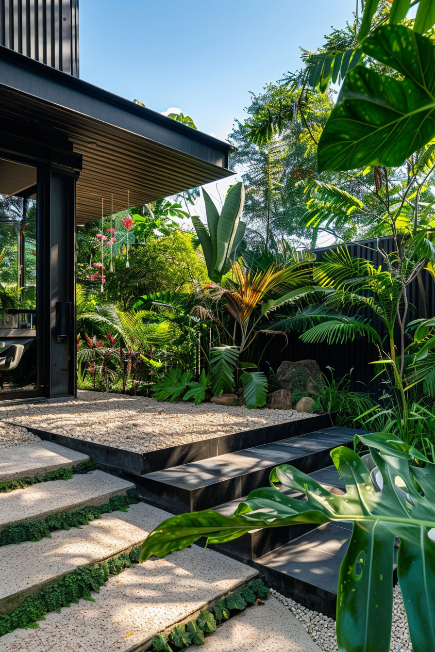 Modern home entrance with landscaped garden, stepping stones, lush tropical foliage, and a sleek black doorway.