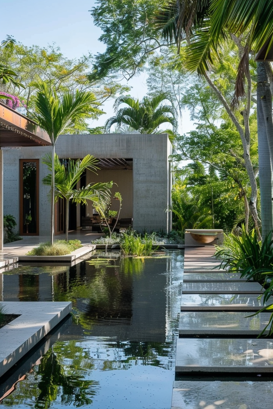 A tranquil garden with a reflective pond and stepping stones leading to a modern building surrounded by lush greenery and palms.