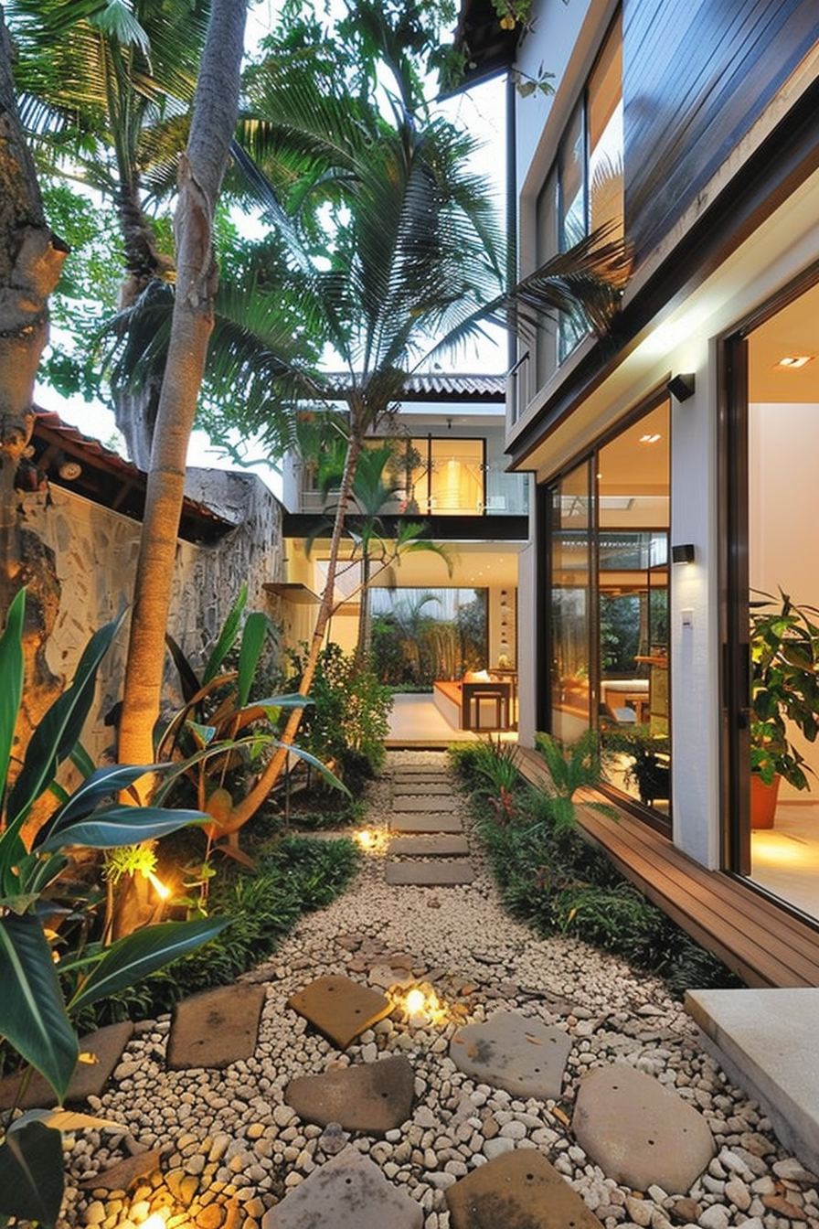 "Pathway leading to a modern two-story house surrounded by tropical plants, pebbles, and illuminated by warm outdoor lights at dusk."