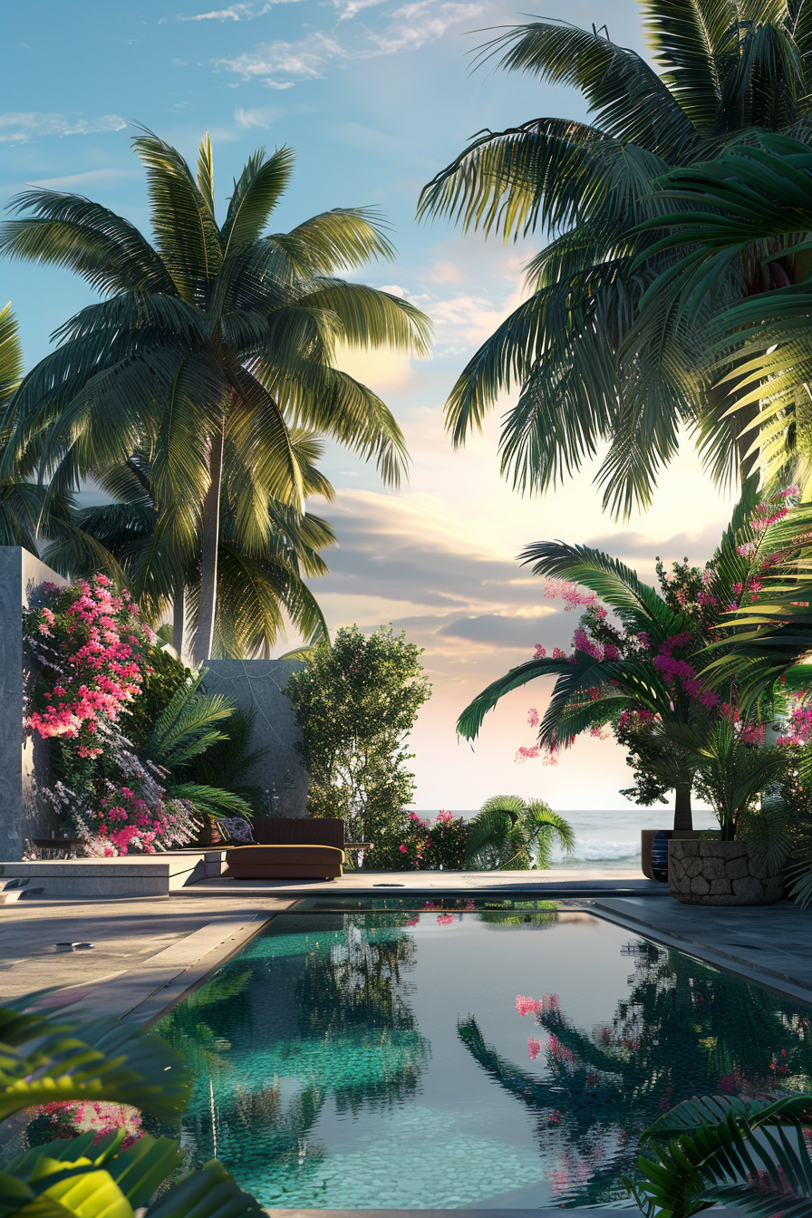 Tropical paradise scene with a swimming pool surrounded by palm trees and flowering shrubs at sunset.