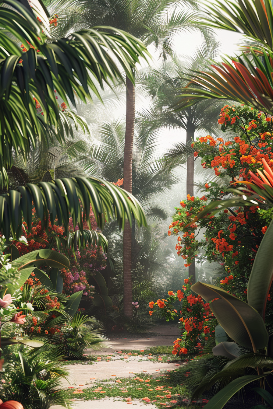 Lush tropical garden with vibrant orange flowers, towering palm trees, and a sunlit path leading through dense foliage.