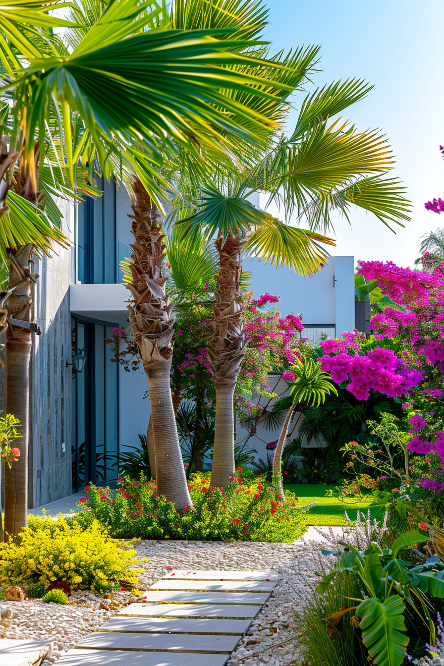A lush tropical garden with palm trees, blooming bougainvillea, and a stone pathway leading to a modern building.