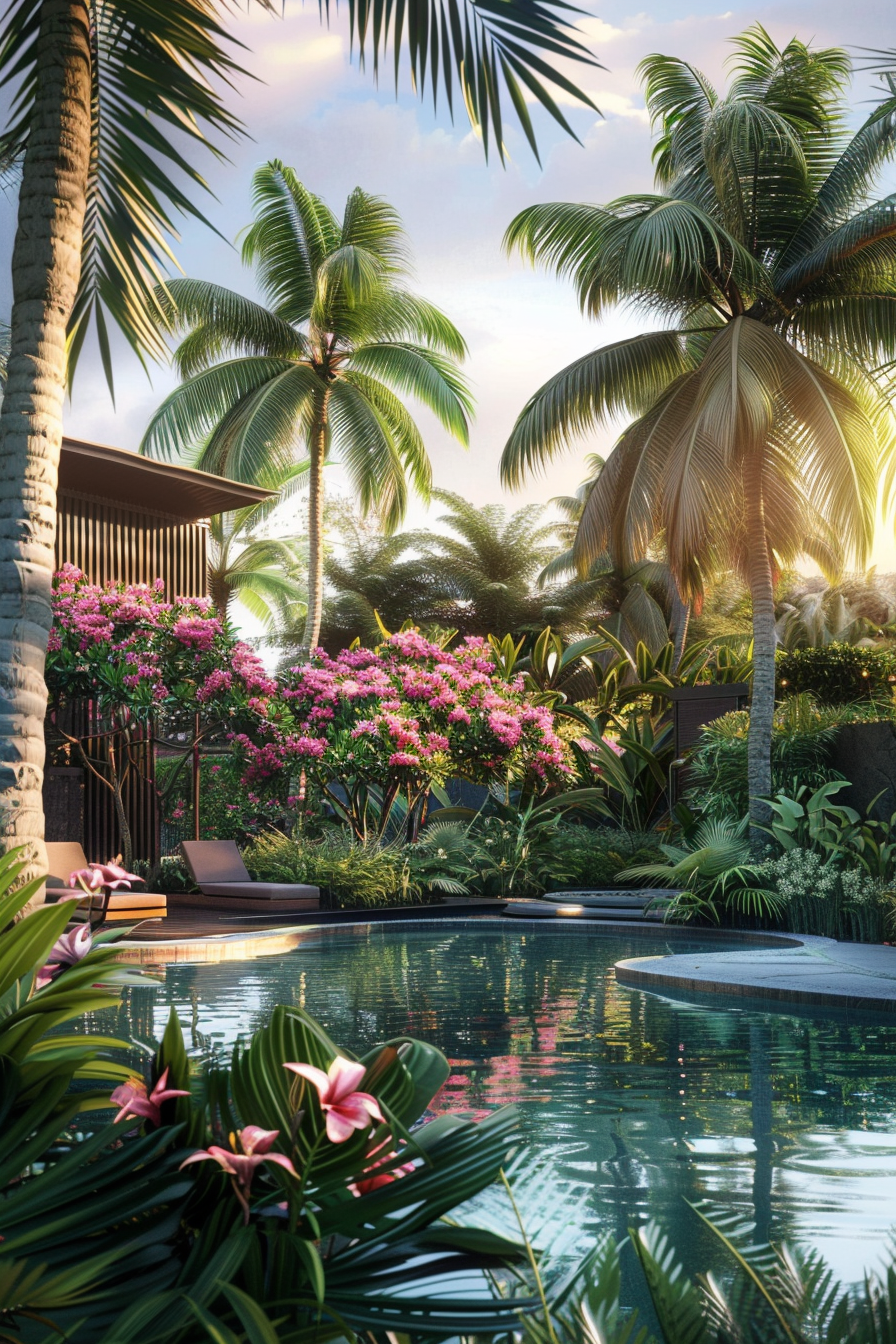 Tropical paradise with palm trees, pink flowering bushes, and a serene pool reflecting the sky during sunset.