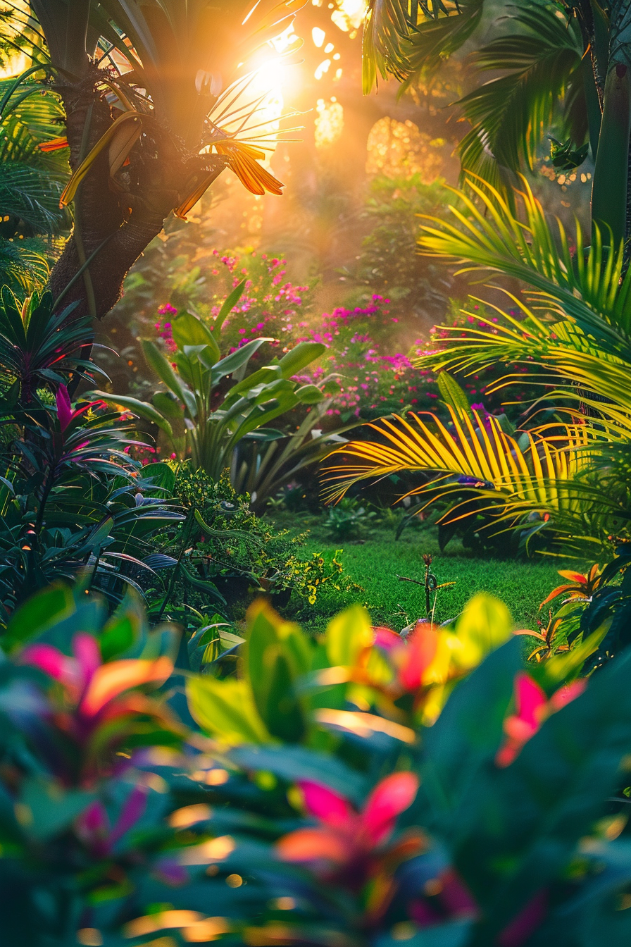 Sunlight beams through lush tropical foliage with vibrant green leaves and pink flowers, evoking a serene and exotic atmosphere.