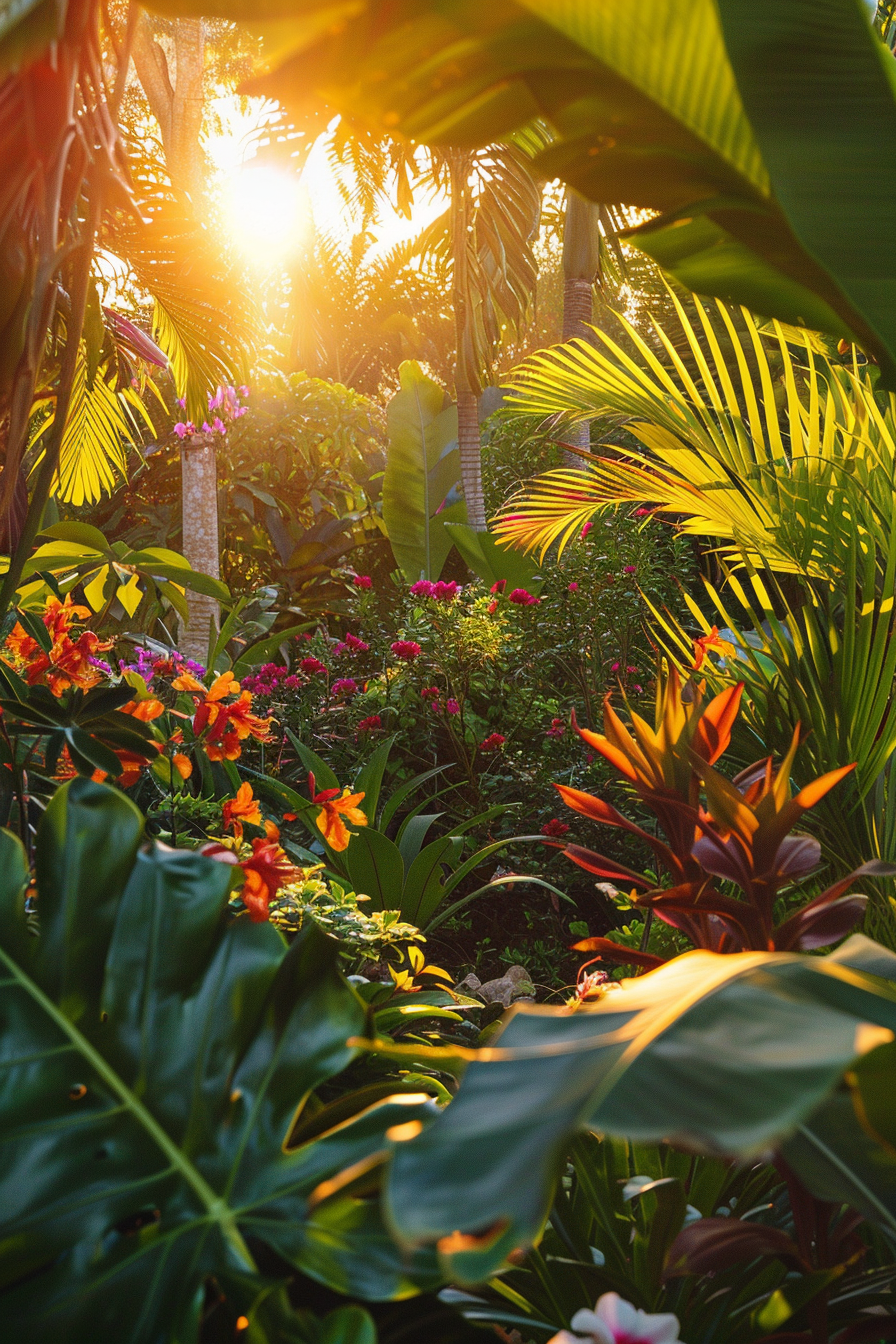 Sunlight streaming through a dense tropical garden with vibrant flowers and lush green foliage, highlighting the beauty of nature.