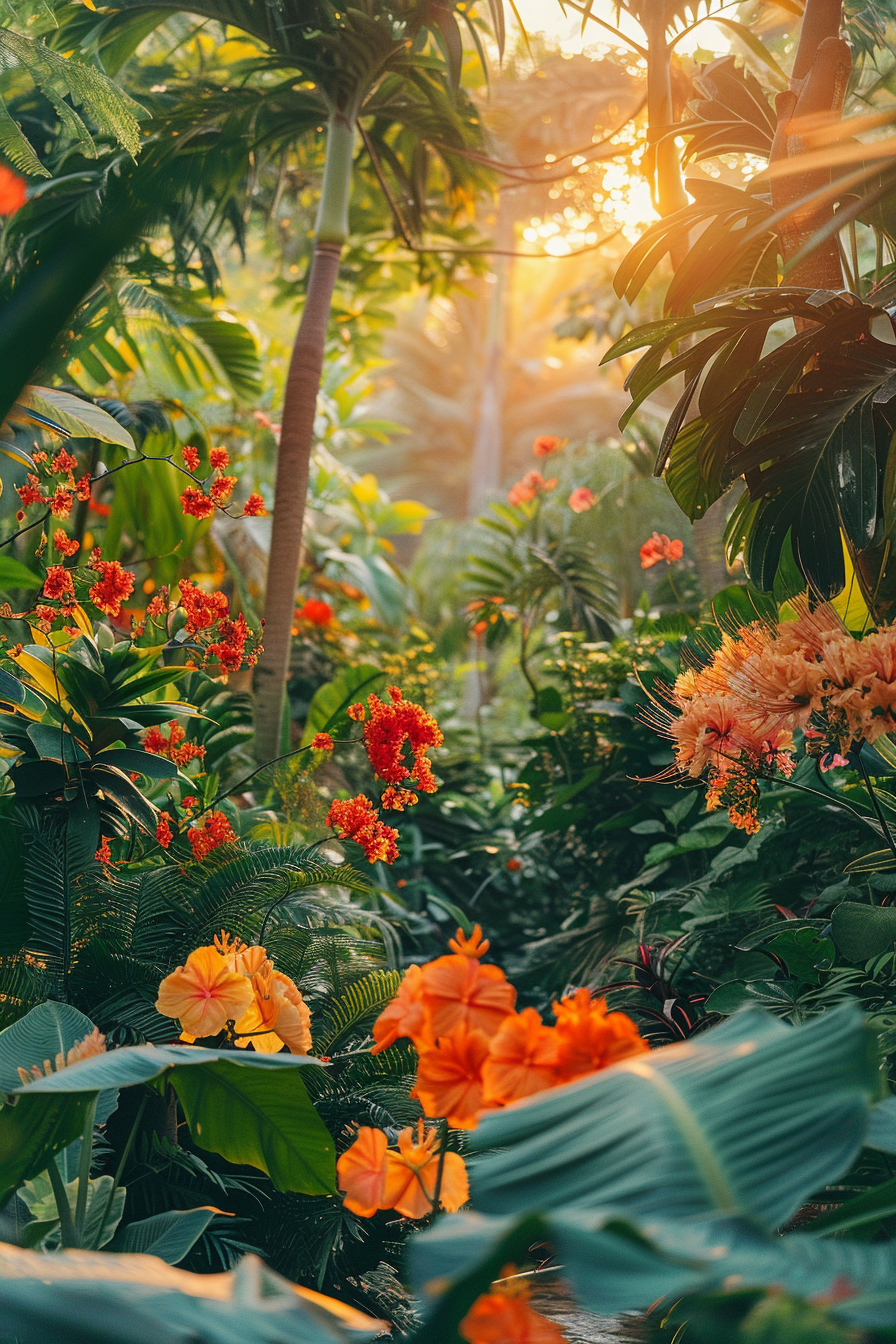 ALT: Sunlight filters through a lush tropical garden with vibrant orange and red flowers, highlighting the rich greenery.