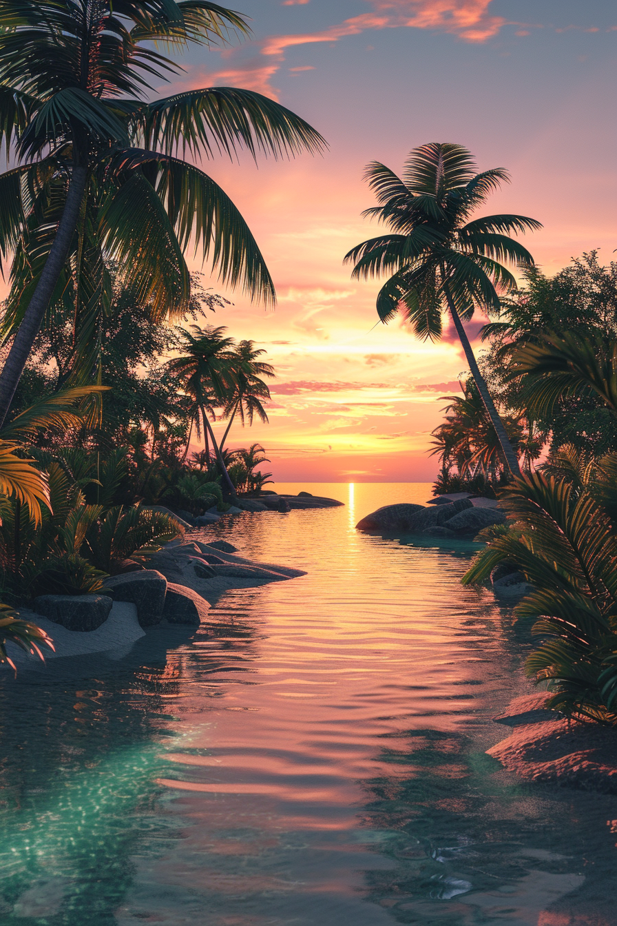 Tropical sunset with palm trees silhouetted against a pink and orange sky, reflecting on a tranquil waterway between rocks.