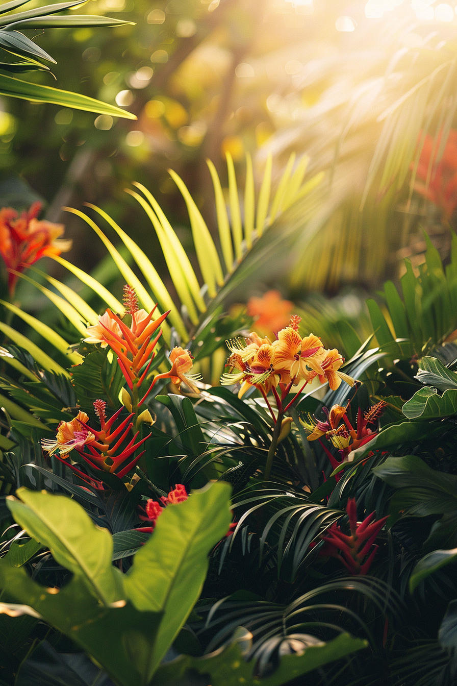 Lush garden with vibrant tropical flowers and green foliage basking in warm sunlight filtering through the leaves.
