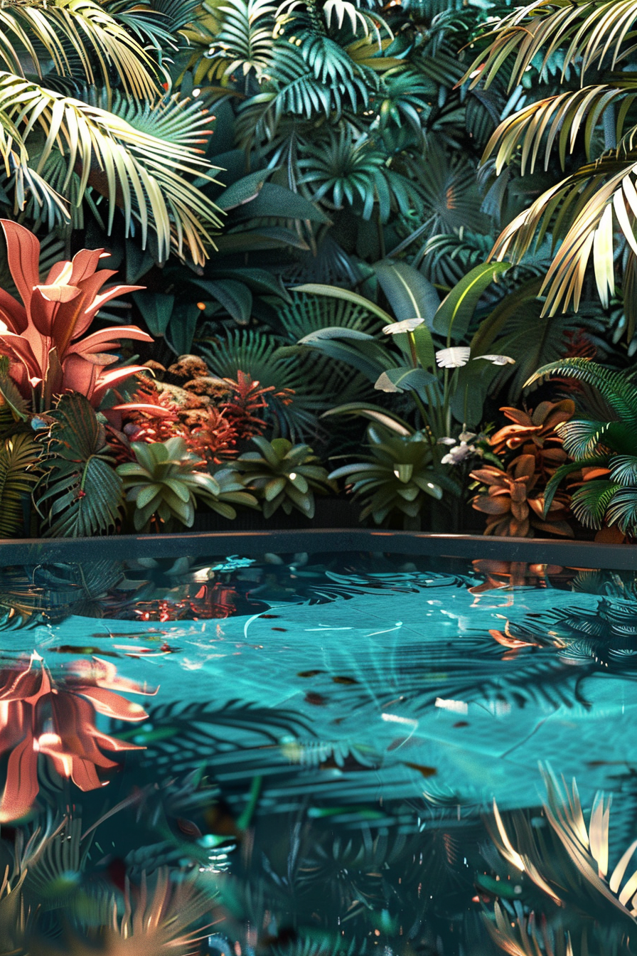 Tropical foliage with dense green and red leaves above calm reflective blue water.