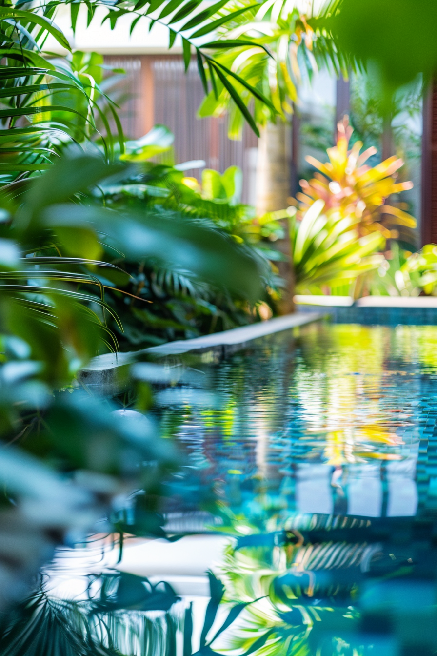 ALT: A tranquil swimming pool surrounded by lush greenery, with sunlit foliage casting reflections on the water's surface.