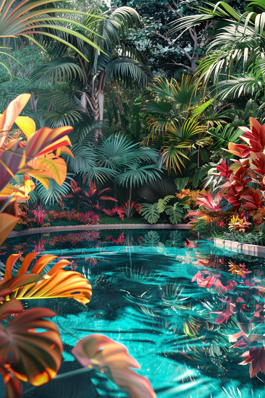 A tranquil pool surrounded by lush tropical plants with vibrant foliage reflecting on the water's surface.
