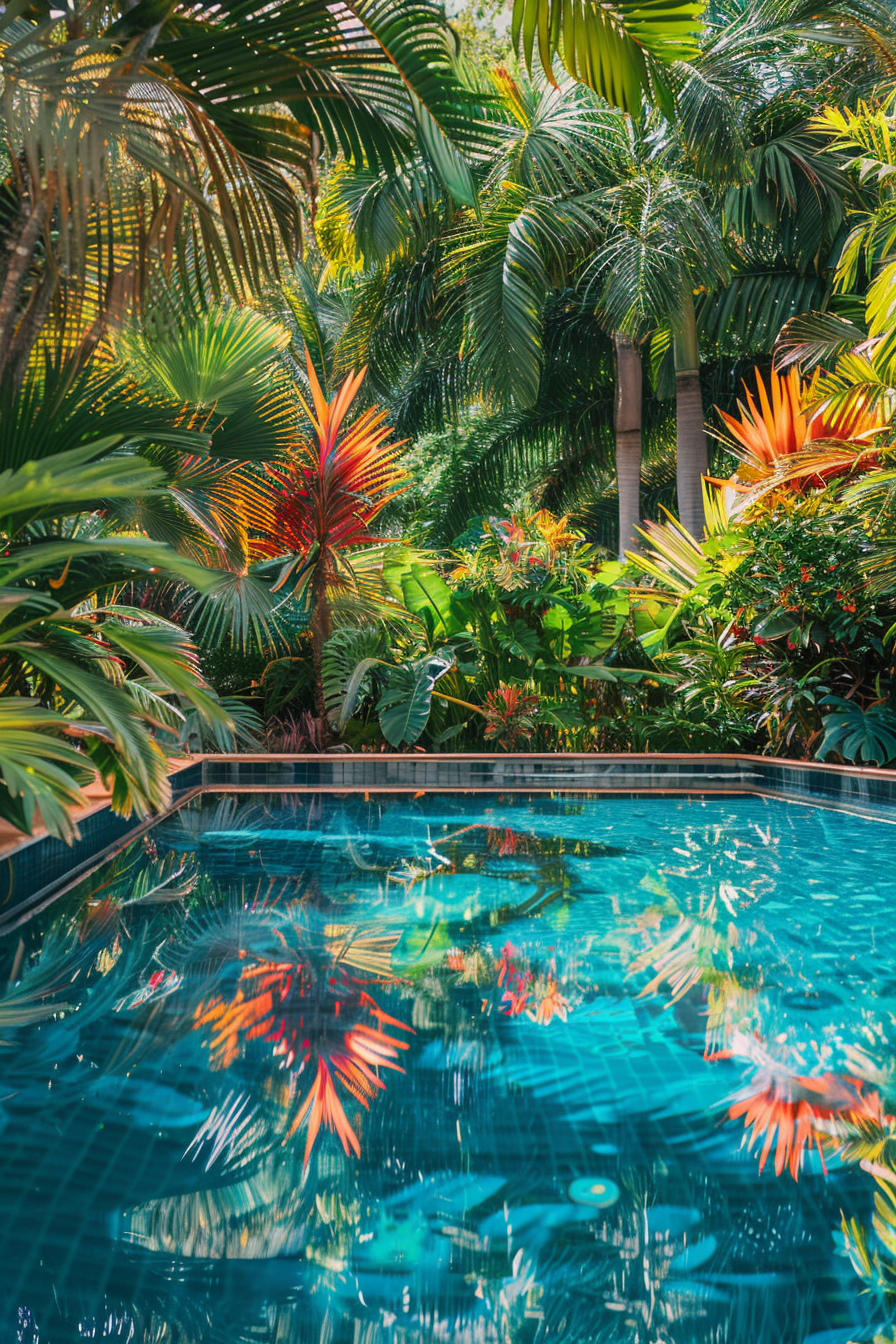 A tropical pool surrounded by lush greenery and vibrant plants, reflecting the vivid colors on the water's surface.