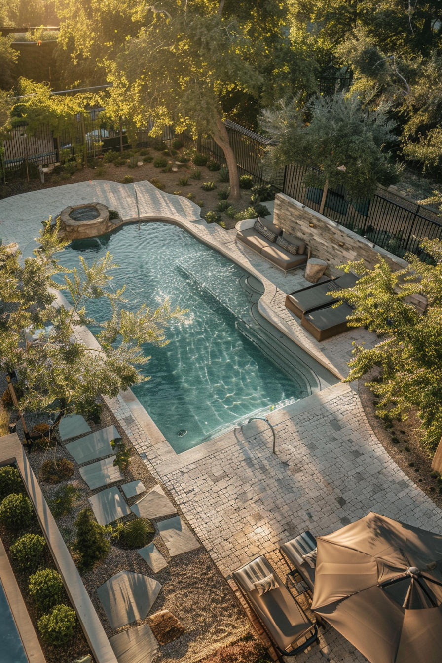 A luxurious backyard with a freeform swimming pool surrounded by loungers, landscaping, and a cobblestone deck in the warm evening light.