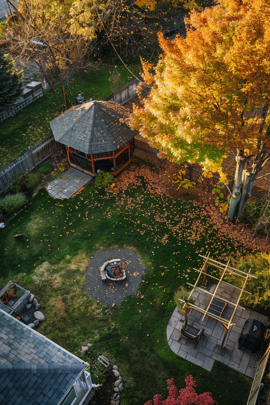 Aerial view of a backyard in autumn with a gazebo, fire pit, scattered leaves, and colorful trees at sunset.