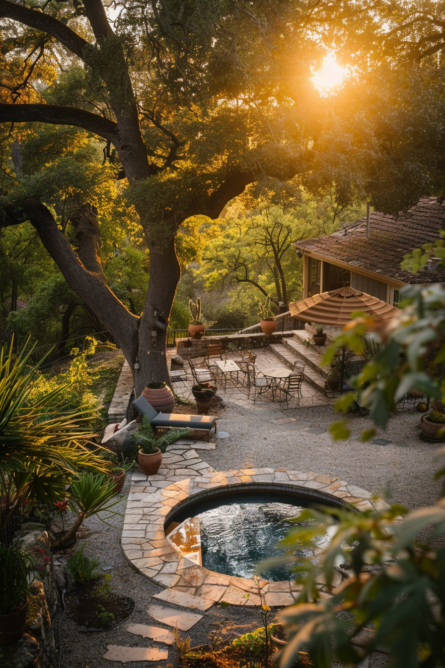 A serene backyard at sunset with a round pool, stone paths, lush trees, and outdoor furniture, bathed in golden light.