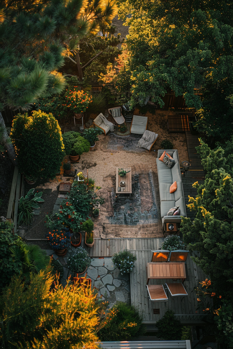 Aerial view of a cozy backyard garden with outdoor furniture, a firepit, surrounded by lush greenery and flowering plants in warm light.