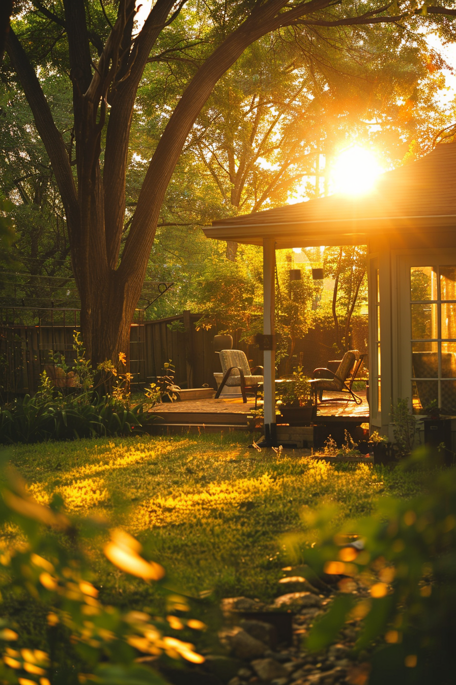 Sunset rays peering through lush trees illuminating a cozy garden patio with chairs and a vibrant lawn.