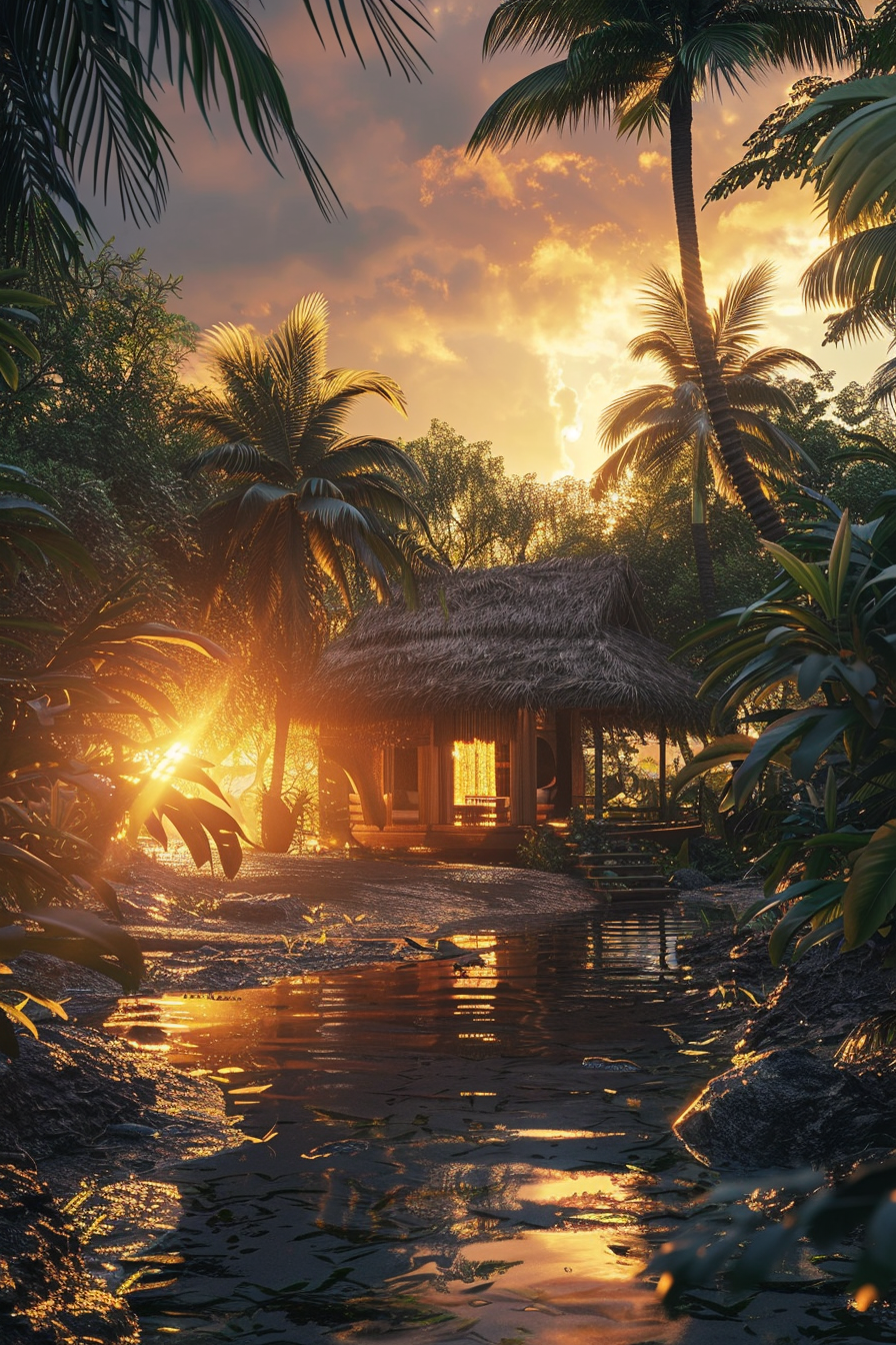 Thatched-roof hut amid tropical foliage with a reflective water path, illuminated by a warm sunset.