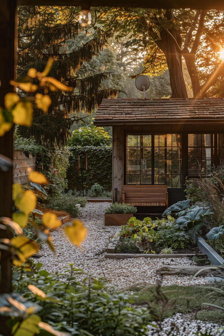 A serene garden at golden hour with a wooden cabin, lush greenery, pebble path, and sunlight streaming through trees.