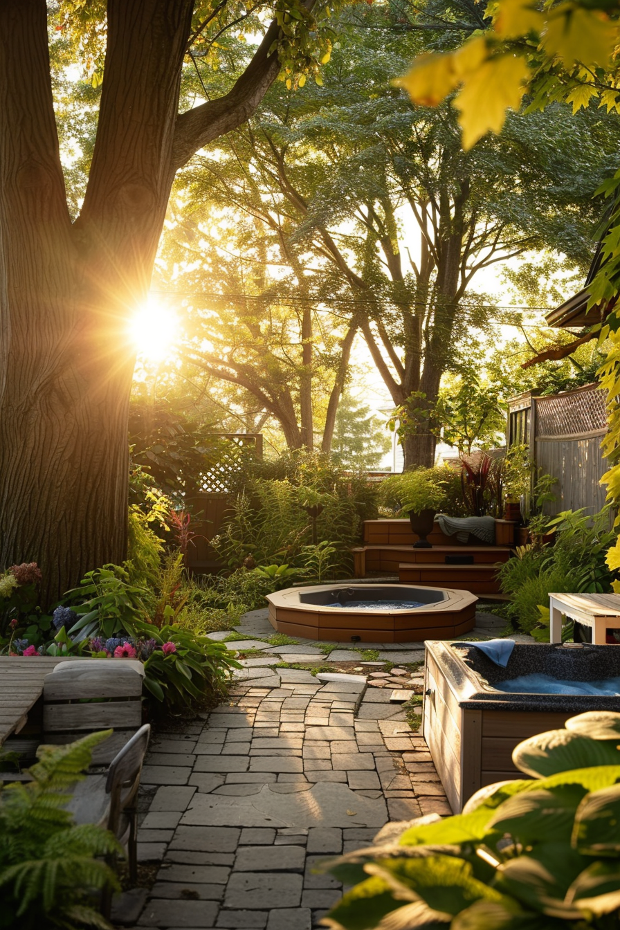 Sunlight peeping through trees in a serene garden with a hot tub, stone path, lush greenery, and wooden benches.